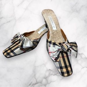 Olivia Rose Tal Plaid Check Silk Bow Mule Slide Kitten Heels